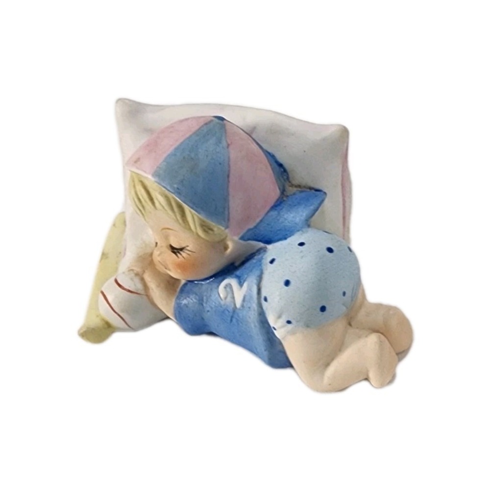 Vtg Lefton Baseball Baby Sleeping On Pillow Hand Painted Bisque Porcelain - Picture 4 of 8